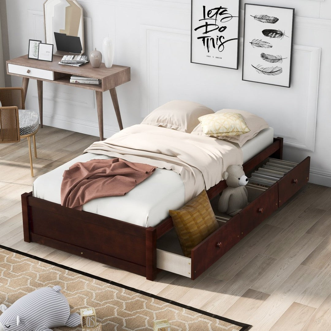 Twin Platform Storage Bed with 3 Under Frame Drawers Pine Wood Low Pro