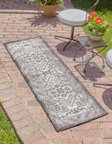 Unique Loom Outdoor Aztec Coba Machine Made Border Rug Charcoal Gray, Ivory/Gray 2' 7" x 12' 0"