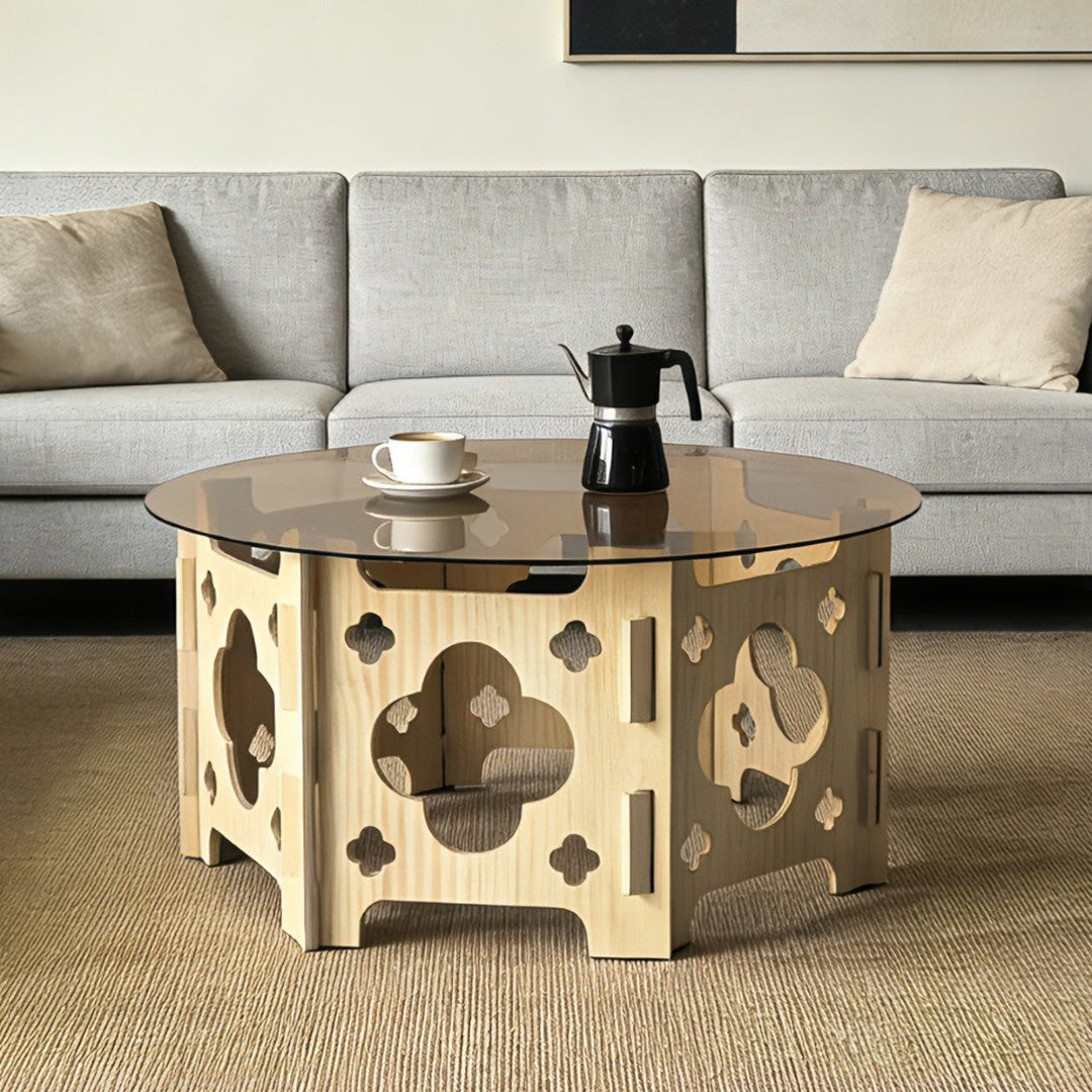 Round Carved Wood Base Coffee Table with Tea Glass Top for Modern Livi
