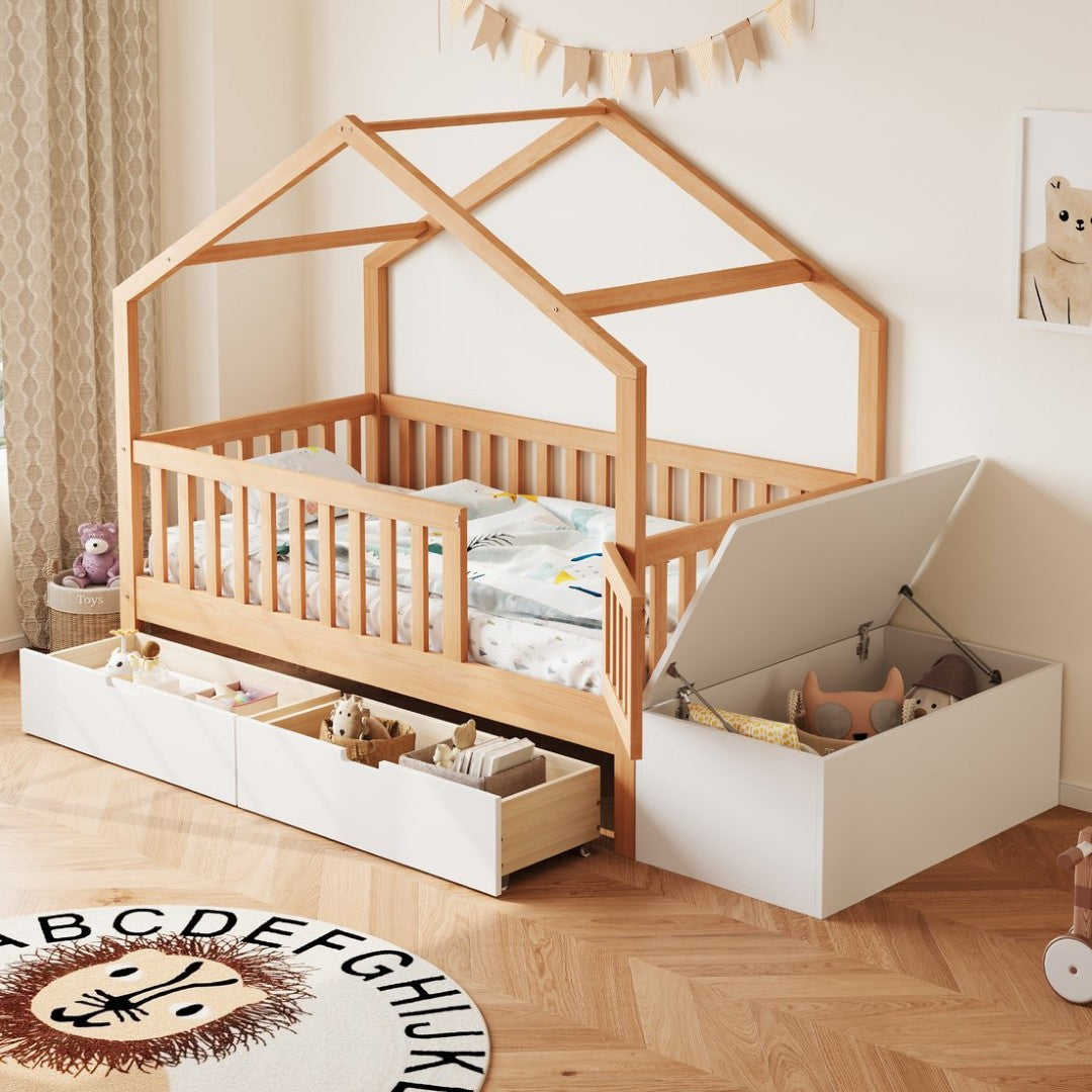 Toddler Playhouse Bed Solid Pine Frame with Storage Drawers Safety Gat