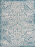 Unique Loom Outdoor Aztec Coba Machine Made Border Rug Teal, Ivory/Gray 9' 0" x 12' 0"