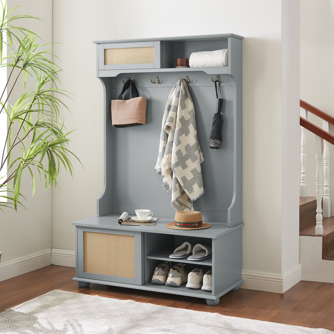 Hall Tree Storage Bench Shoe Rack for Entryway, Gray, x