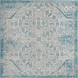 Unique Loom Outdoor Aztec Coba Machine Made Border Rug Teal, Ivory/Gray 10' 0" x 10' 0"