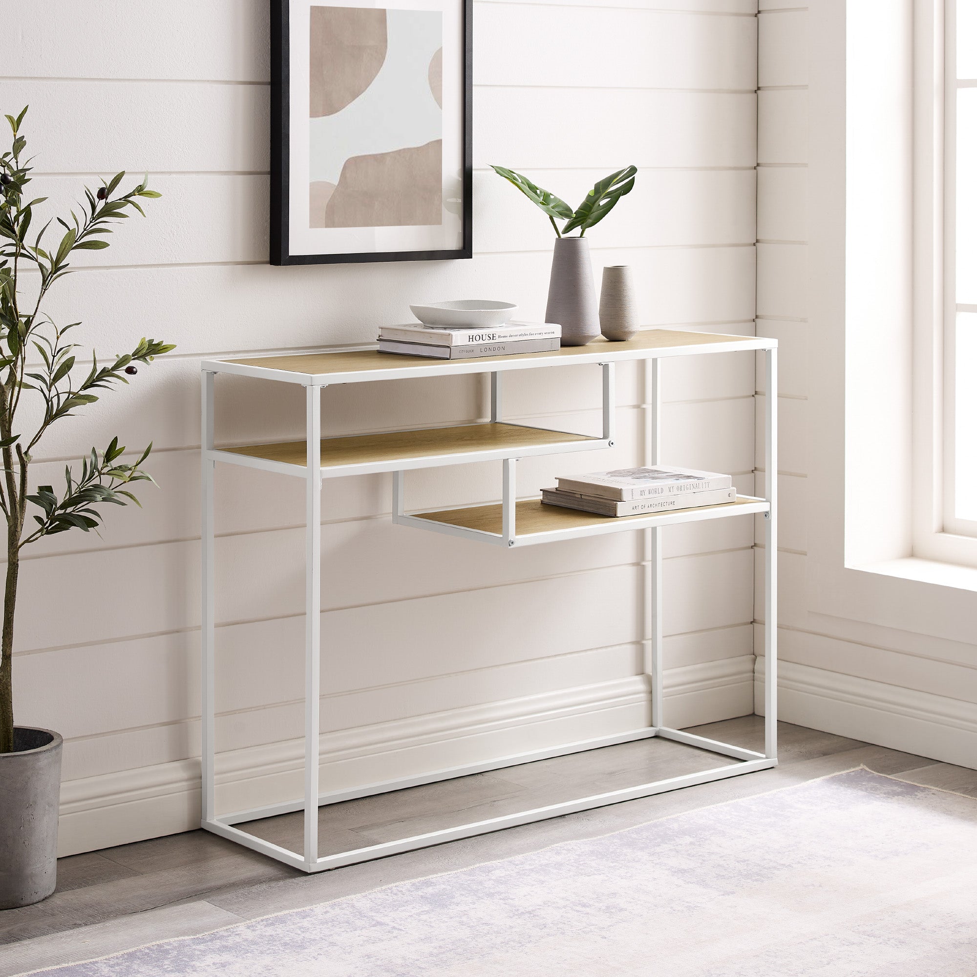 Walker Edison - Modern Floating Entryway Shelf Table Coastal Oak & Off