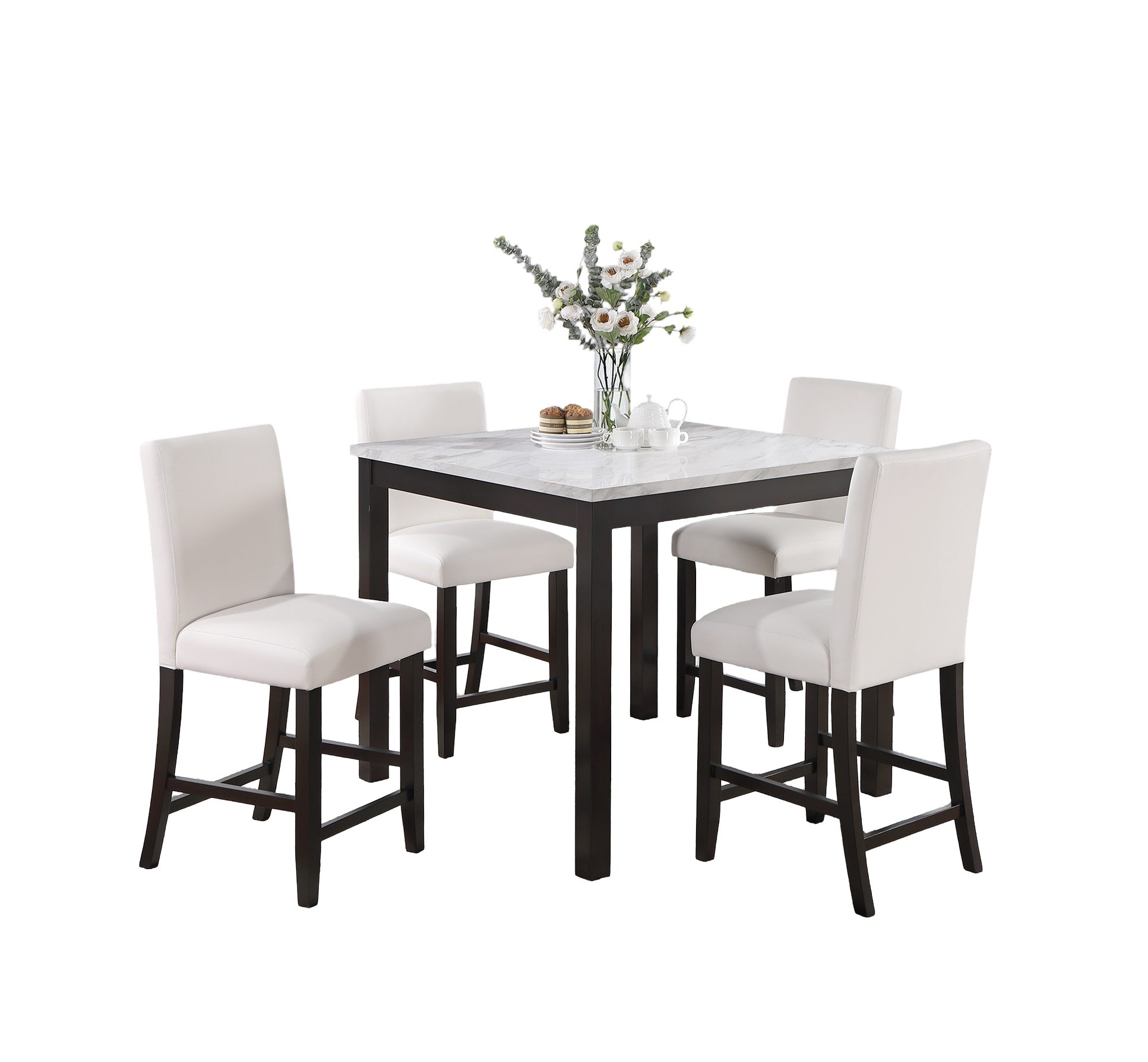 Modern 5Pc Counter Height Dining Set With Faux Marble Top & White Faux