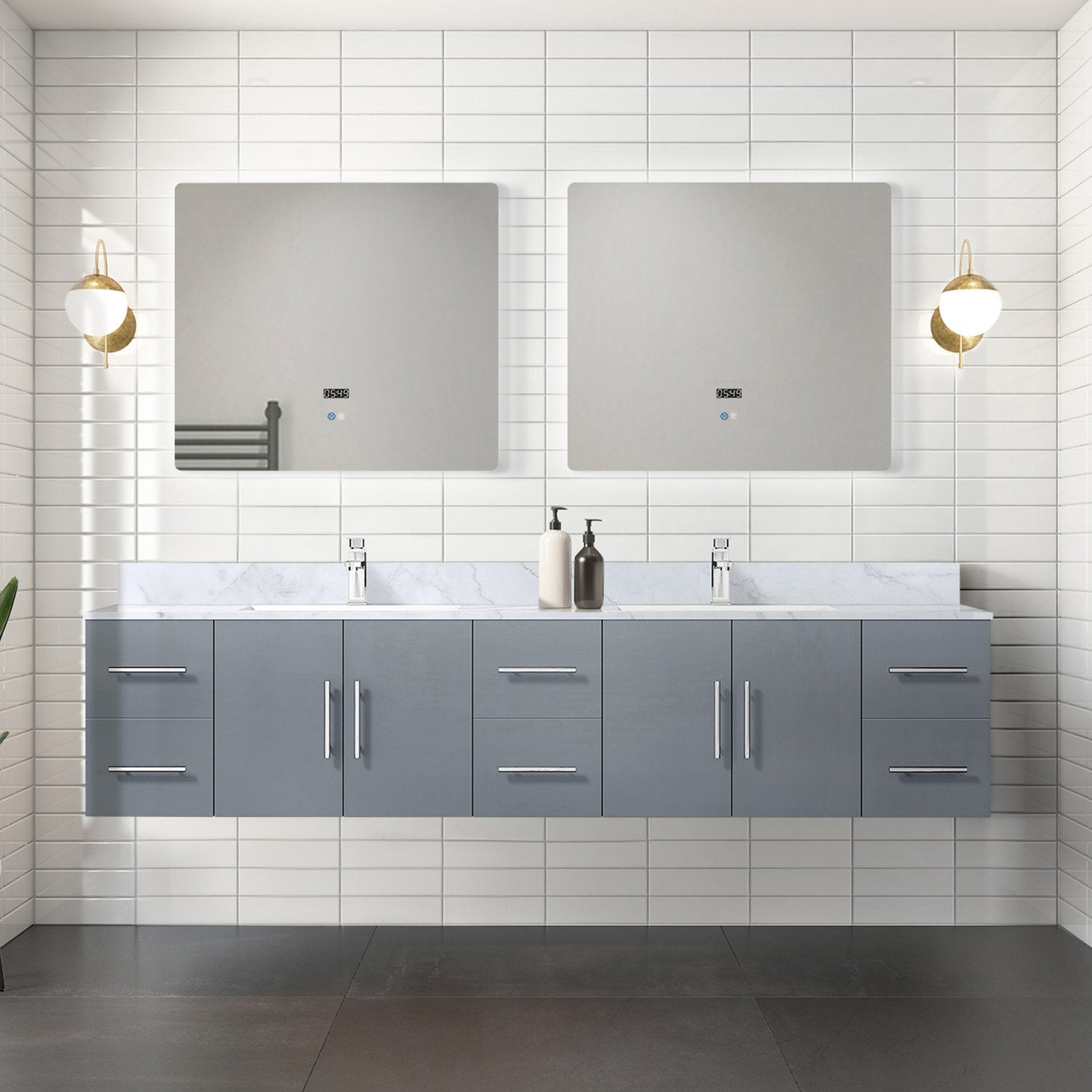 Dark Grey Double Bath Vanity With Carrara Marble Top & Led Mirrors - S