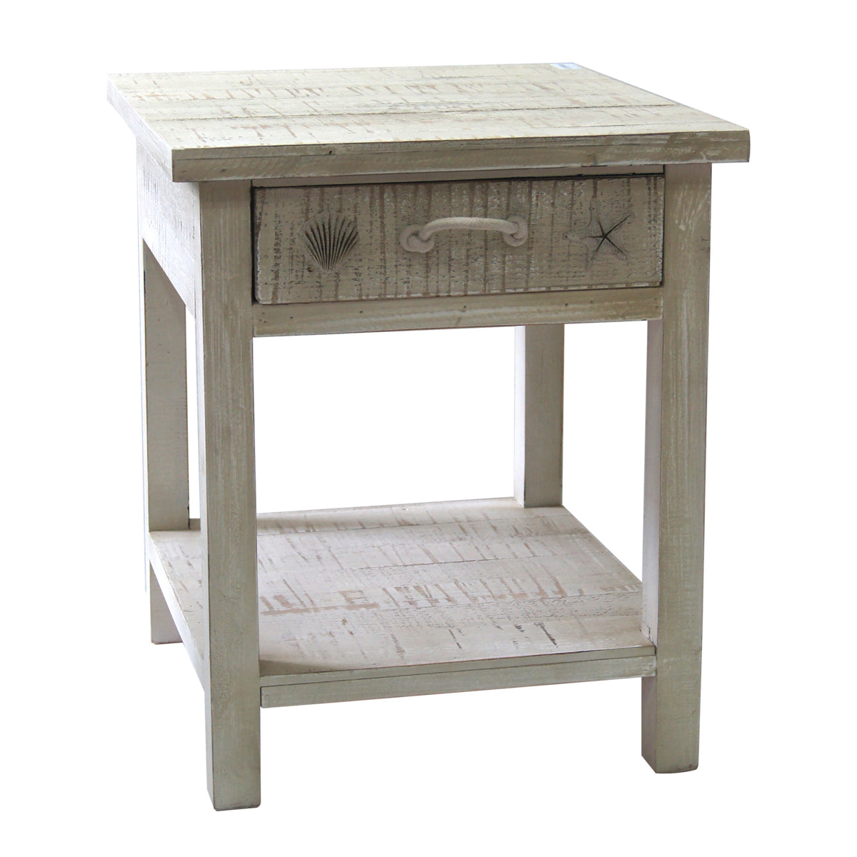 Seaside Coastal End Table - White Painted Finish with Seashell Accents