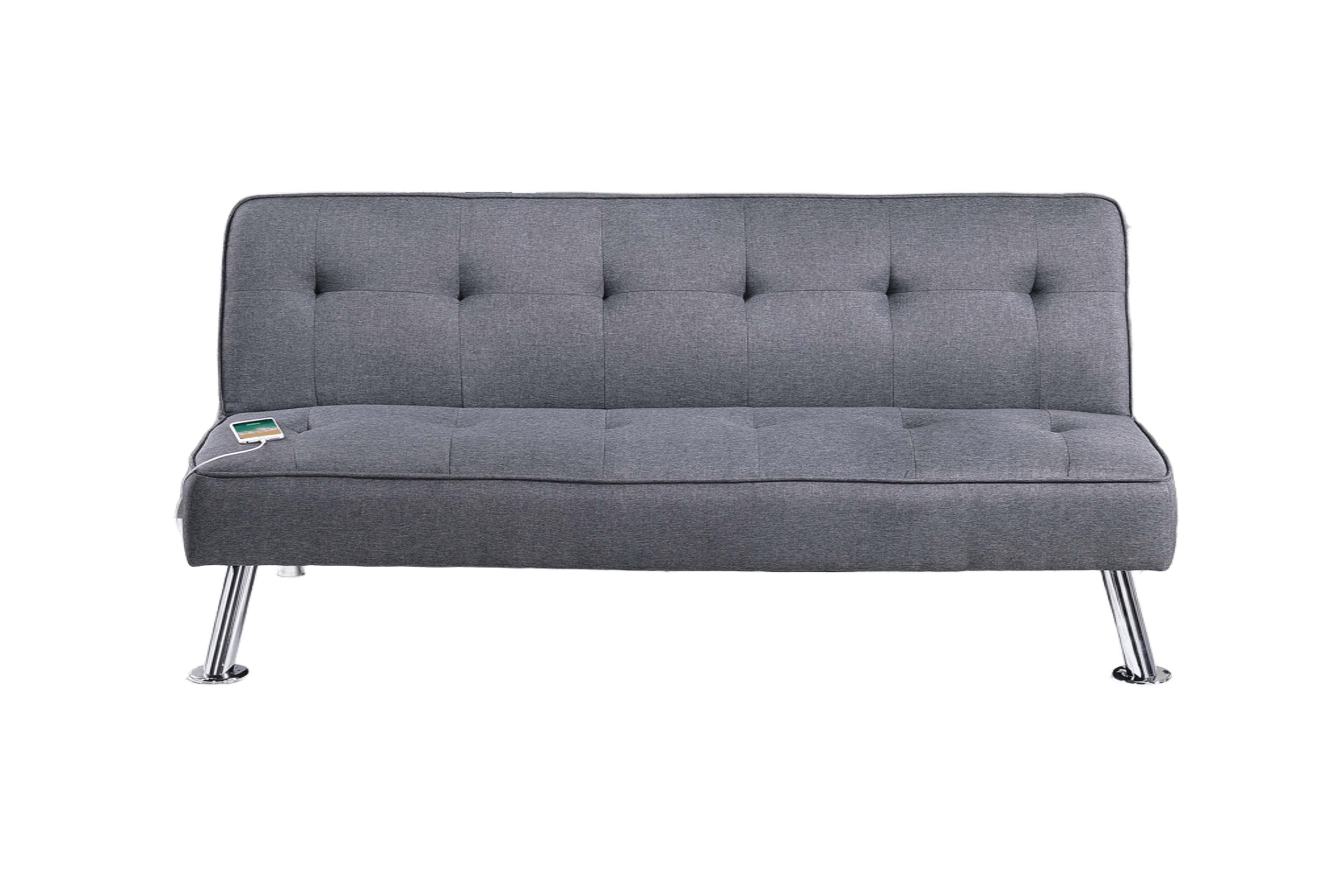 Blue Grey Polyfiber Convertible Sofa Bed With Tufted Upholstery, Metal