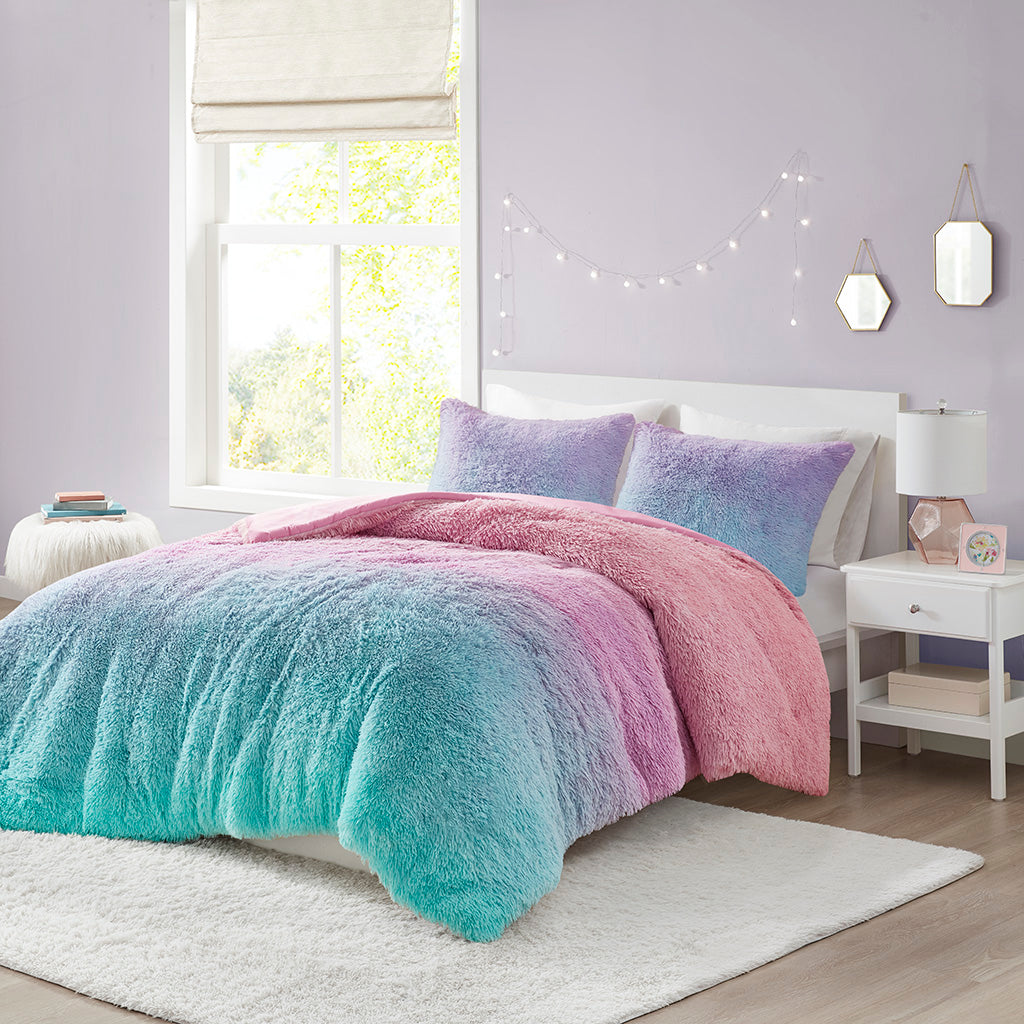 Full/ Queen Cleo Ombre selling Shaggy Faux Fur Comforter with Mat Set Teal Blue