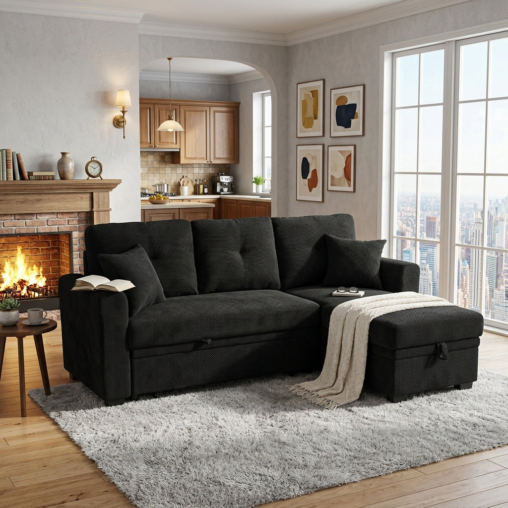 Sleeper Sectional with Pull Out Bed Reversible Chaise Storage Black Po