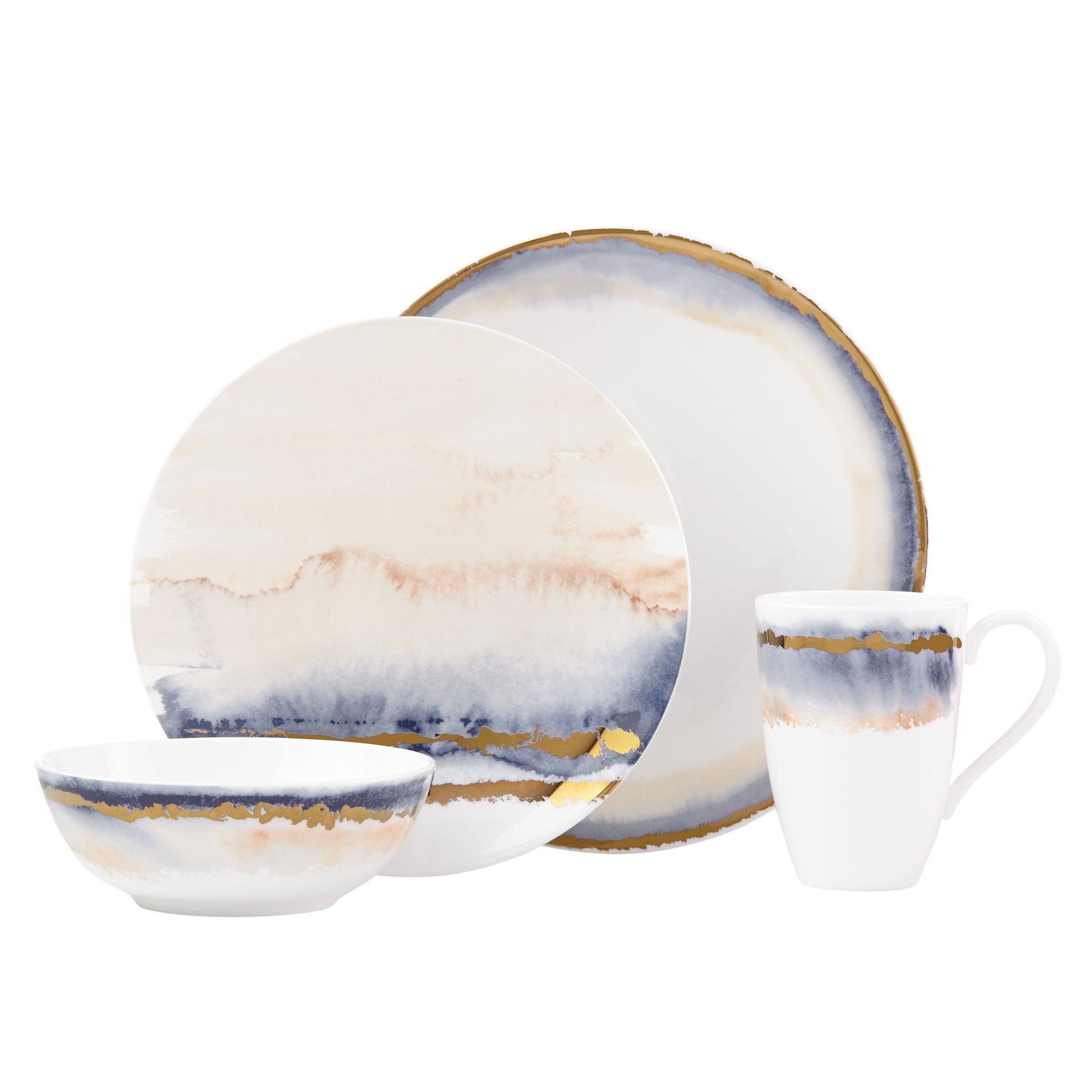 Summer Radiance 4-Piece Set: Luminous Gold Indigo Bone China, Chip-R