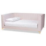 Oksana Modern Contemporary Glam and Luxe Light Pink Velvet Fabric Upholstered and Gold Finished Queen Size Daybed