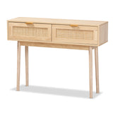 Baird Mid-Century Modern Light Oak Brown Finished Wood and Rattan 2-Drawer Console Table