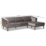 Morton Mid-Century Modern Contemporary Grey Velvet Fabric Upholstered and Dark Brown Finished Wood Sectional Sofa with Right Facing Chaise