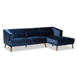 Morton Mid-Century Modern Contemporary Navy Blue Velvet Fabric Upholstered and Dark Brown Finished Wood Sectional Sofa with Right Facing Chaise