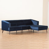 Morton Mid-Century Modern Contemporary Navy Blue Velvet Fabric Upholstered and Dark Brown Finished Wood Sectional Sofa with Right Facing Chaise