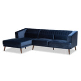 Morton Mid-Century Modern Contemporary Navy Blue Velvet Fabric Upholstered and Dark Brown Finished Wood Sectional Sofa with Left Facing Chaise