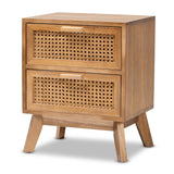 Baden Mid-Century Modern Walnut Brown Finished Wood Nightstand with Rattan