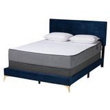 Abberton Modern and Contemporary Navy Blue Velvet and Gold Metal Queen Size Panel Bed