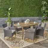 Noble House Stamford Outdoor 7-Piece Acacia Wood Dining Set with Wicker Chairs, Gray Finish And Gray and Silver