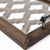 HomeRoots Medium Brown Wood With Metal Quatrefoil Pattern Glass Bottom Tray 376037-HOMEROOTS 376037