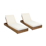 Ian Outdoor Acacia Wood Chaise Lounge with Cushion (Set of 2)