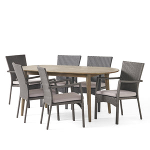Noble House Stamford Outdoor 7-Piece Acacia Wood Dining Set with Wicker Chairs, Gray Finish And Gray