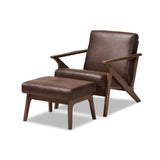 Bianca Mid-Century Modern Walnut Wood Dark Brown Distressed Faux Leather Lounge Chair And Ottoman Set