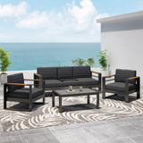 Giovanna Outdoor Aluminum 5 Seater Chat Set with Water Resistant Cushions, Black, Natural, and Dark Gray Noble House