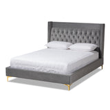 Valery Modern Contemporary Velvet Fabric Upholstered King Size Platform Bed with Gold Finished Legs