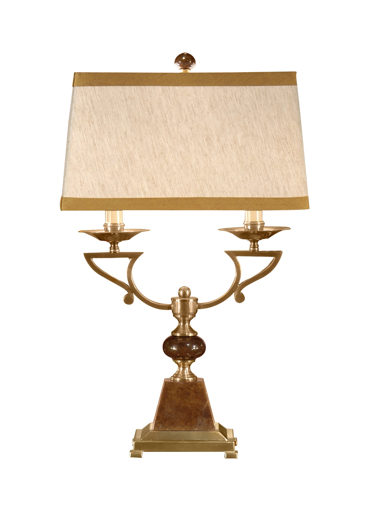 TWIN CANDLE DESK LAMP, ANTIQUED SOLID BRASS, PARCHMENT SHADE