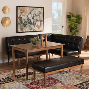 Baxton Studio Arvid Mid-Century Modern Dark Brown Faux Leather Upholstered 4-Piece Wood Dining Nook Set