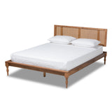 Romy Vintage French Inspired Ash Wanut Finished Wood and Synthetic Rattan Queen Size Platform Bed