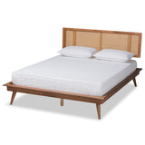 Nura Mid-Century Modern Walnut Brown Finished Wood and Synthetic Rattan Platform Bed