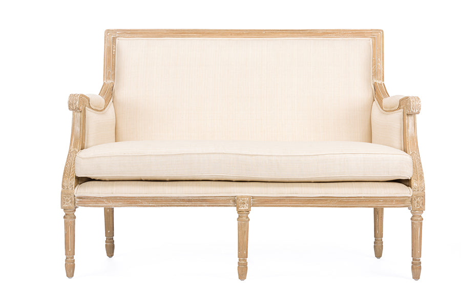 Chavanon Wood Light Beige Linen Traditional French Loveseat