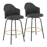 Ahoy Contemporary Fixed-Height Bar Stool with Black Metal Legs and Round Gold Metal Footrest with Charcoal Fabric Seat and Natural Bamboo Back by LumiSource - Set of 2