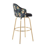 Ahoy Contemporary Fixed-Height Bar Stool with Gold Metal Legs and Round Gold Metal Footrest with Black Fabric Seat and Floral Print Accent by LumiSource - Set of 2