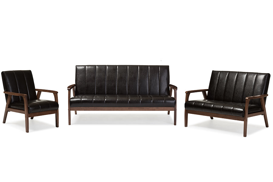 Nikko Mid Century Modern Scandinavian Style Faux Leather 3 Piece