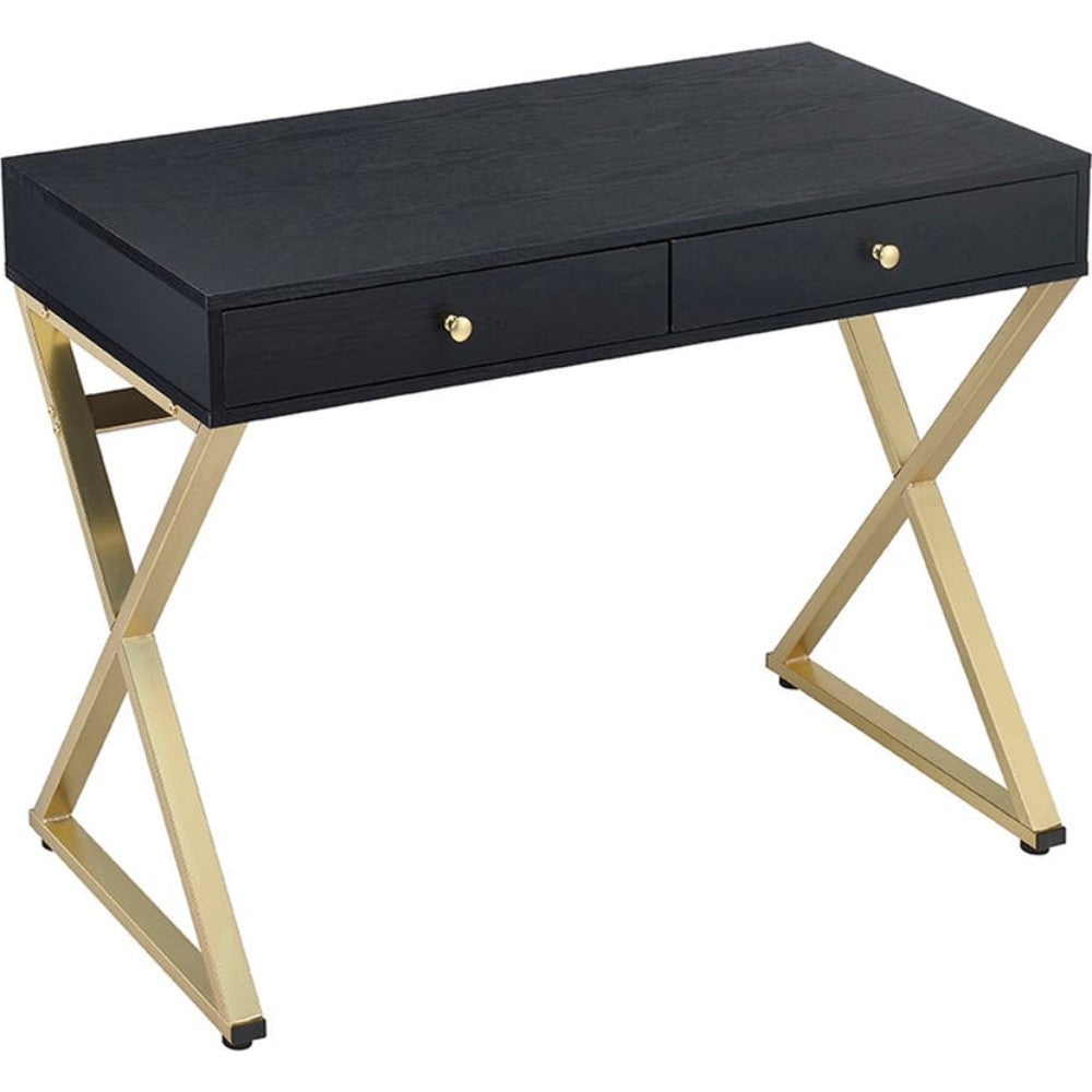 Dark Wood & Gold Double Drawer Desk