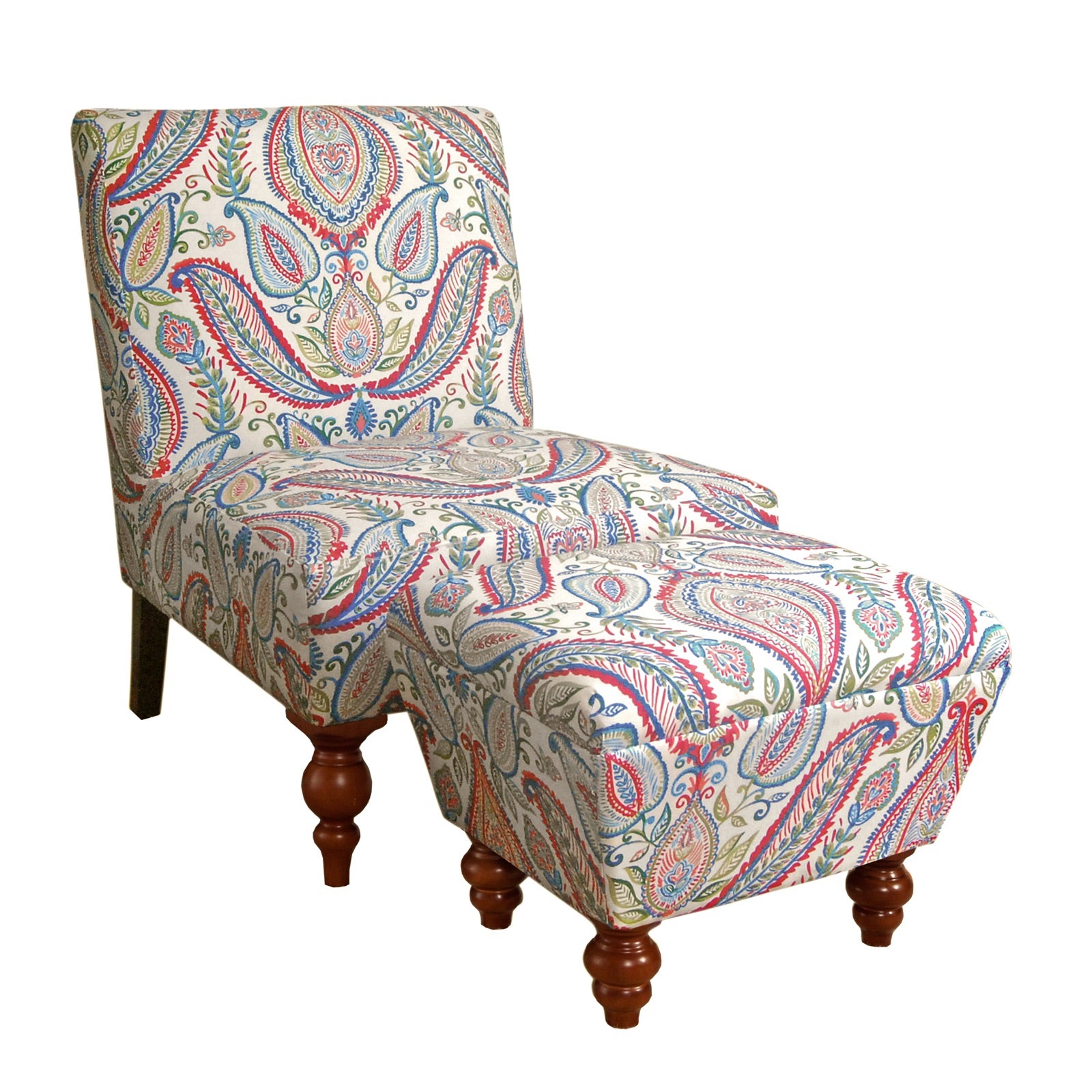 Wood and Fabric Accent Chair and Ottoman with Printed Paisley