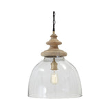 Glass Dome Pendant Light with Wood Finial Crown Top, Brown and Clear