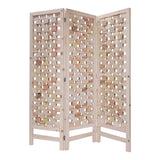 3 Panel Wooden Screen with Interspersed Square Pattern, Cream