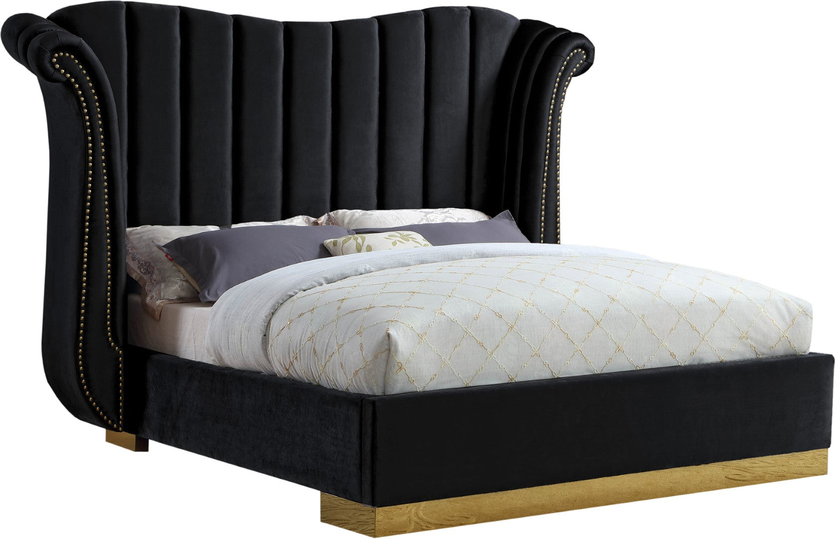 Flora Velvet Bed - Luxurious Upholstered Design with Gold Accents & Ch