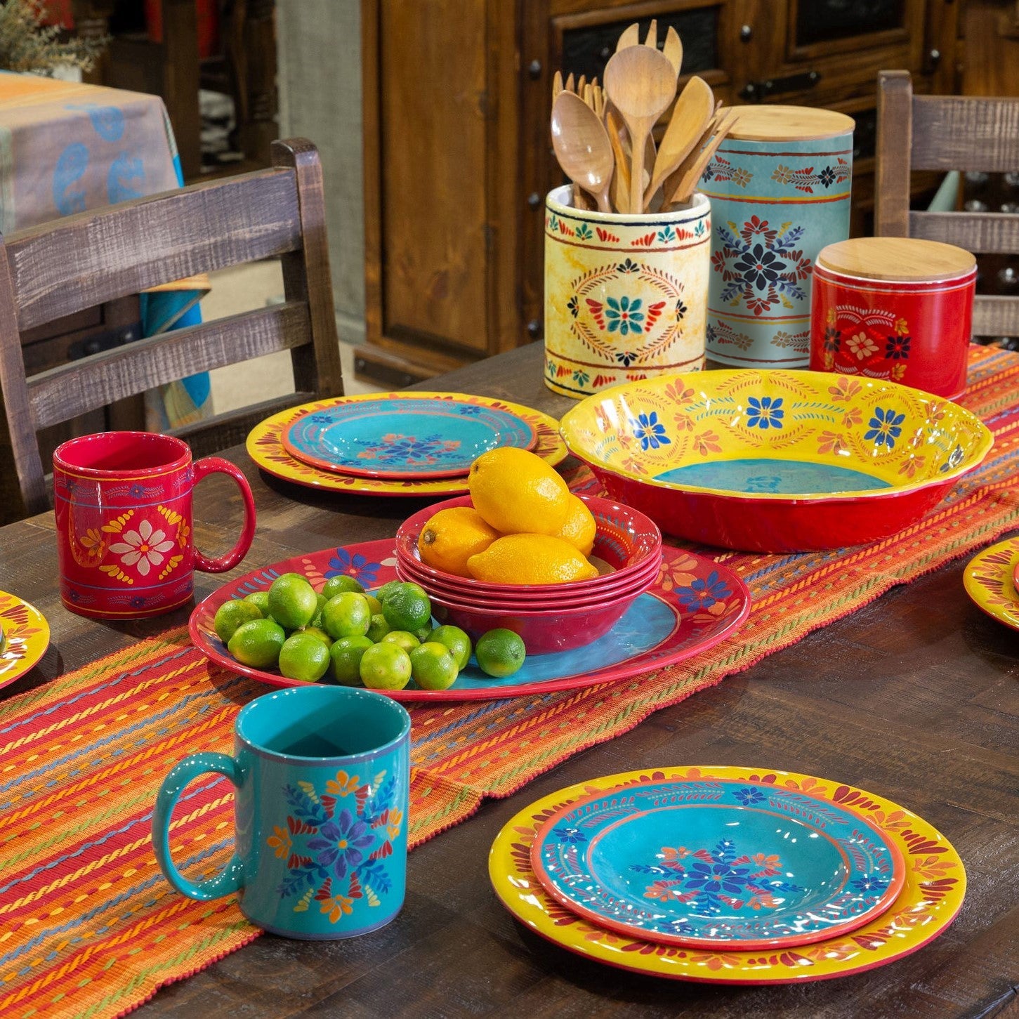 Bonita 14-Piece Talavera Melamine Set Vibrant Floral Design Dinnerwa