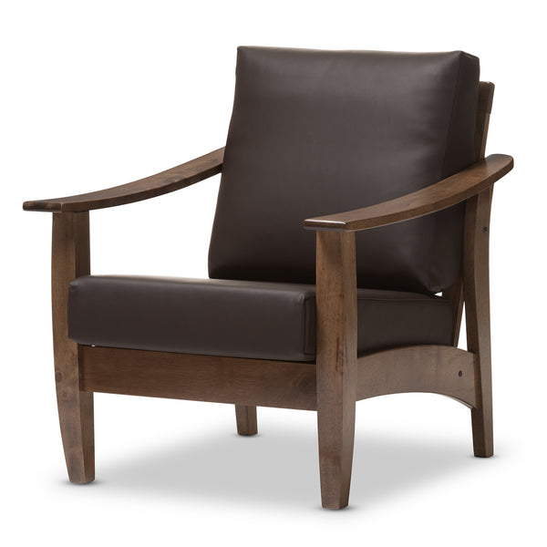 Pierce Mid Century Modern Walnut Brown Wood and Dark Brown Faux