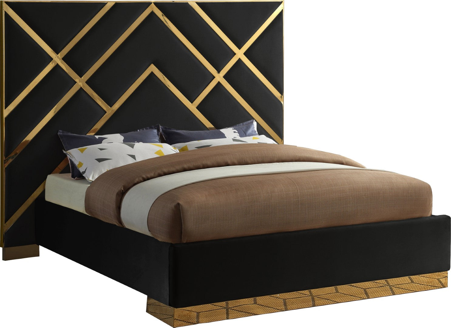 Vector Contemporary Bed with Polished Gold Metal Design and Plush Velv