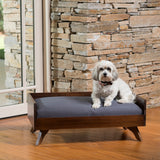 Doran Mid Century Dark Oak Finished Acacia Wood Dog Bed with Dark Grey Water Resistant Cushion Noble House