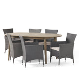 Noble House Stamford Outdoor 7-Piece Acacia Wood Dining Set with Wicker Chairs, Gray Finish And Gray and Silver