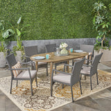 Noble House Stamford Outdoor 7-Piece Acacia Wood Dining Set with Wicker Chairs, Gray Finish And Gray