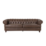 Litch Chesterfield Leather Tufted 3 Seater Sofa with Nailhead Trim, Dark Brown and Brown
